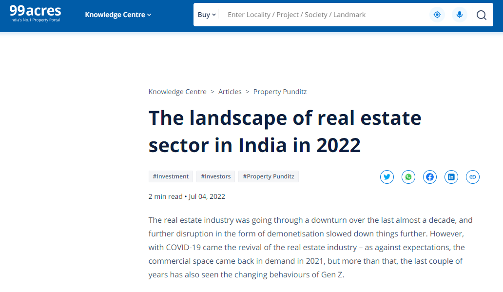 The landscape of real estate sector in India in 2022