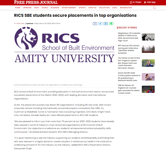 RICS SBE Students Secure Placements In Top Organisations