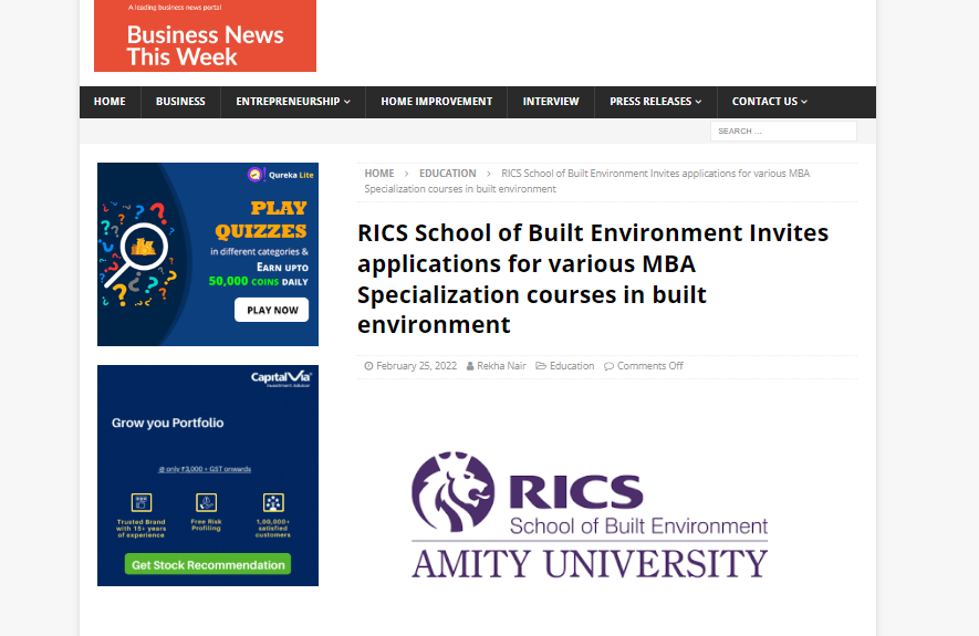 RICS School of Built Environment Invites Applications for Carious MBA Specialization Courses
