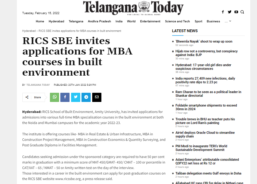 RICS SBE invites applications for MBA courses in built environment