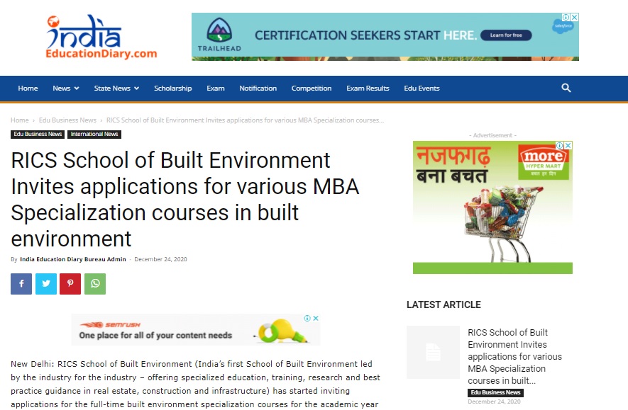 RICS School of Built Environment Invites applications for various MBA Specialization courses