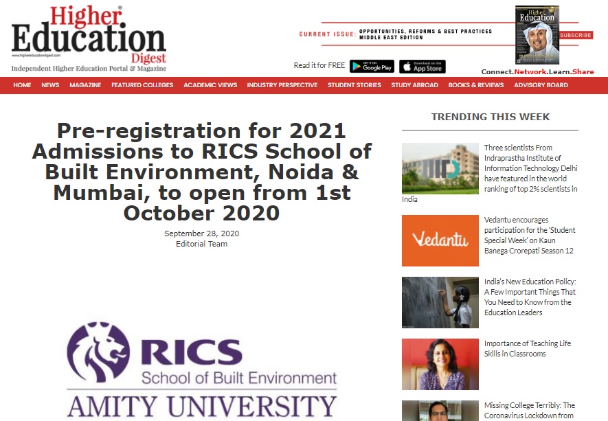 Pre-registration for 2021 Admissions to RICS School of Built Environment, Noida & Mumbai