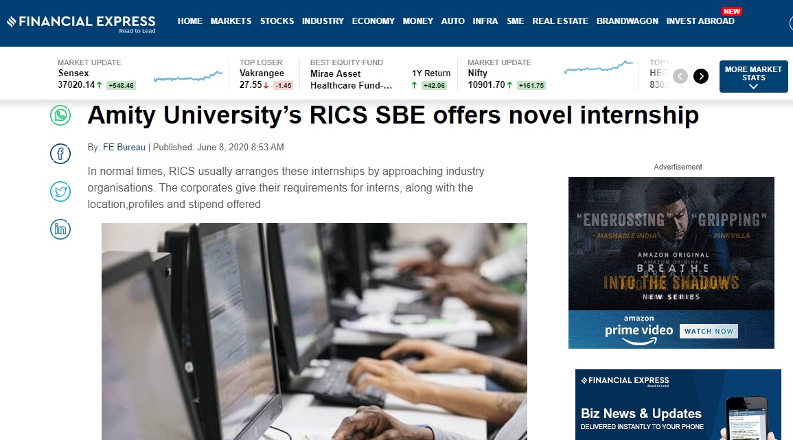 Amity University’s RICS SBE offers novel internship