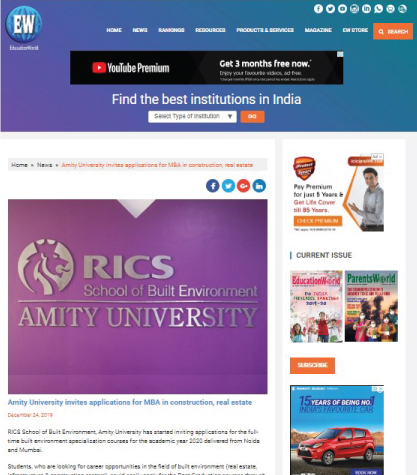 Amity University invites applications for MBA in Construction & Real Estate