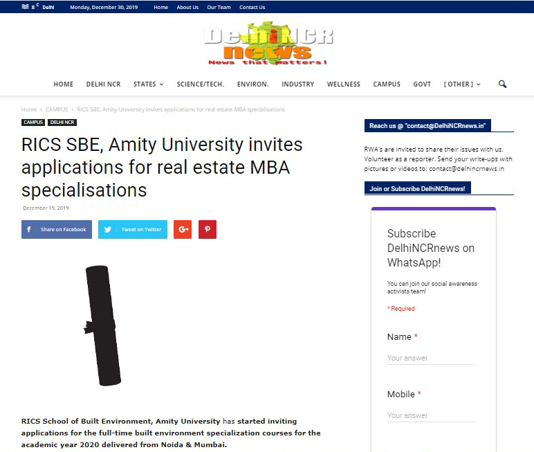 RICS SBE, Amity University invites applications for real estate MBA specialisations
